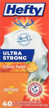 Hefty Ultra Strong Trash Bags 13 Gallon | Tall Kitchen | Drawstring Closure | Odor Control | Citrus Scent | 40 Bags, Pack of 6
