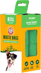 Arm & Hammer Dog Poop Leakproof Plant Based 120 Count Waste Bags, Unscented, Made From 40% Corn Starch With Activated Baking Soda, Pack of 8, Green