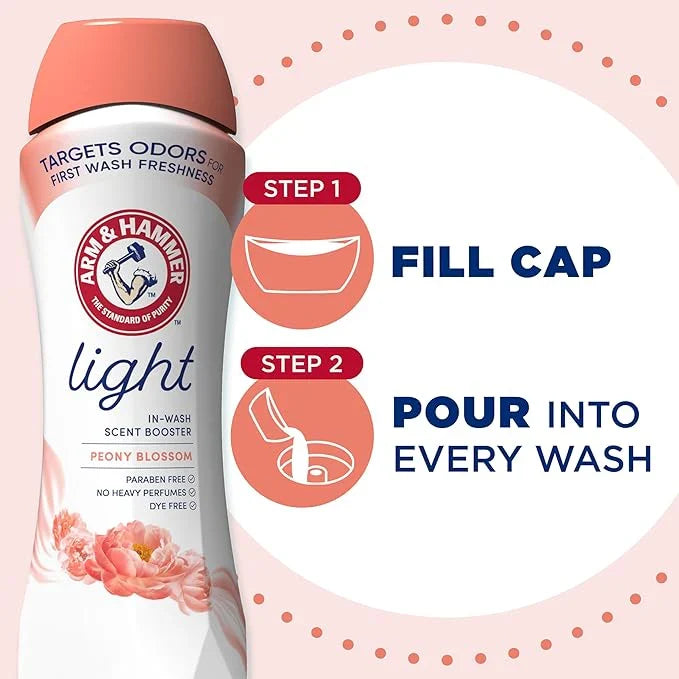 ARM & HAMMER Light In-Wash Scent Booster, No Heavy Perfumes, No Dyes, No Parabens, Peony Blossom Scent, 24 Oz