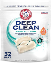 ARM & HAMMER Deep Clean Free & Clear Power Paks Concentrated Laundry Detergent, Free of Dyes, Perfumes and Phosphates, Dermatologist Tested, 32 Count