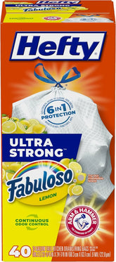 Hefty Ultra Strong 13 Gallon Trash Bags, Tall Kitchen Trash Bags 13 Gallon Size, Resist Leaks, Punctures, and Rips, Continuous Odor Control, White, Fabuloso Lemon Scent, 40 Bags