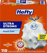 Hefty Ultra Strong Trash Bags, Tall Kitchen 13 Gallon Size, Drawstring Closure, Continuous Odor Control, White, Unscented, 110 Bags