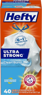 Hefty Ultra Strong 13 Gallon Trash Bags, Tall Kitchen Trash Bags 13 Gallon Size, Drawstring Closure, Continuous Odor Control, White, Clean Burst Scent, 40 Bags