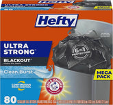 Hefty Ultra Strong Trash Bags, Black Tall Kitchen Trash Bags 13 Gallon Size, Break Resistant Drawstring Enclosure, Continuous Odor Control, Blackout, Clean Burst Scent, 80 Bags