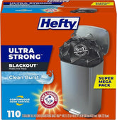 Hefty Ultra Strong Trash Bags, Black Tall Kitchen Trash Bags 13 Gallon Size, Break Resistant Drawstring Enclosure, Continuous Odor Control, Blackout, Clean Burst Scent, 110 Bags