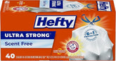 Hefty Ultra Strong 13 Gallon Trash Bags, Tall Kitchen Trash Bags 13 Gallon Size, Drawstring Closure, Continuous Odor Control, White, Unscented, 40 Bags