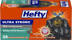 Hefty Ultra Strong 30 Gallon Trash Bags, Large Trash Bags 30 Gallon Size, Multipurpose, Break Resistant Drawstring Closure, Resists Leaks, Punctures, and Tears, Black, White Pine Breeze Scent, 25 Bags