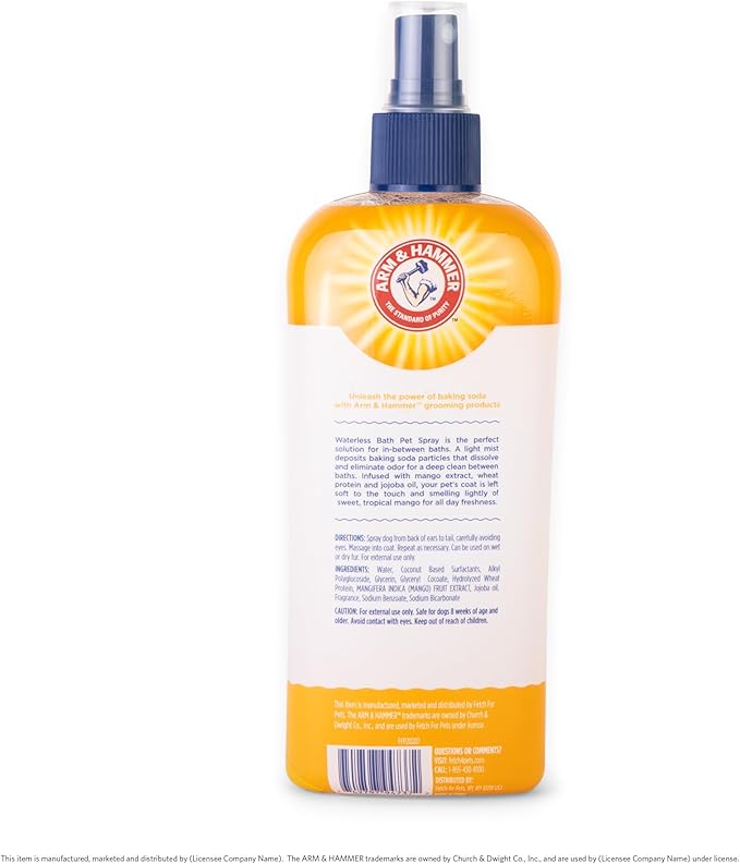 Arm & Hammer for Pets Waterless Bath Spray for Dogs Baking Soda, 8oz Mango Scent | Professional Quality Dog Grooming Spray, Free of Sodium Lauryl Sulfate & Parabens