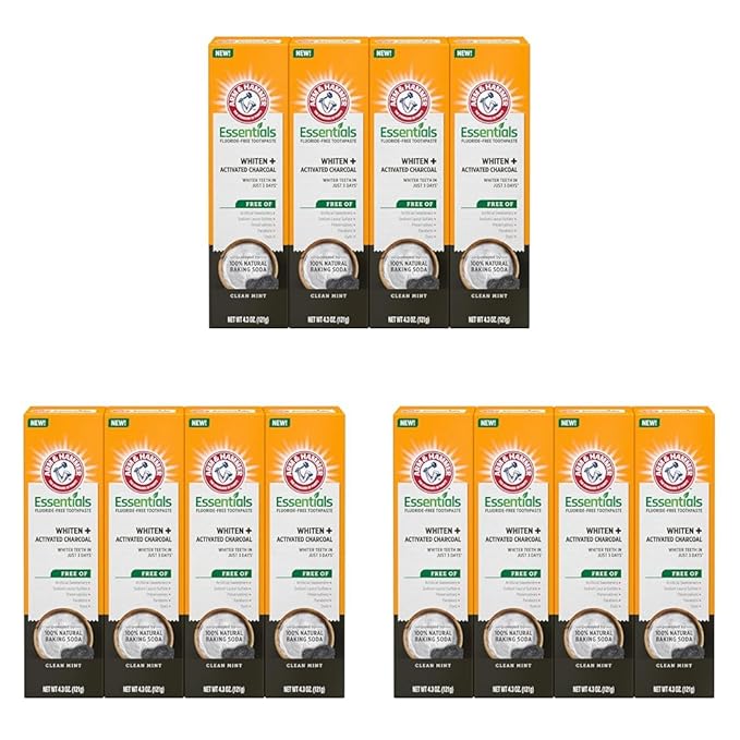 ARM & HAMMER Essentials Fluoride-Free Toothpaste,Whitening + Activated Charcoal Toothpaste of 4.3oz Tubes,Clean Mint,100% Natural Baking Soda,(Pack of 12)