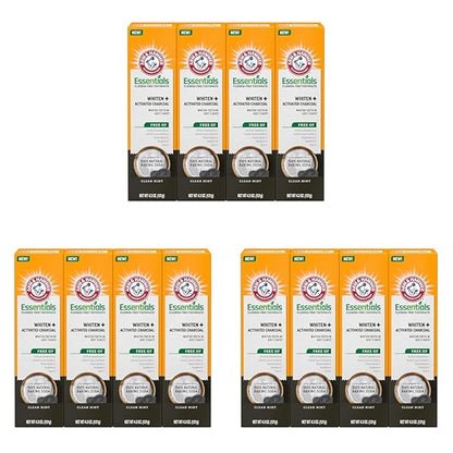 ARM & HAMMER Essentials Fluoride-Free Toothpaste,Whitening + Activated Charcoal Toothpaste of 4.3oz Tubes,Clean Mint,100% Natural Baking Soda,(Pack of 12)