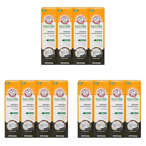 ARM & HAMMER Essentials Fluoride-Free Toothpaste,Whitening + Activated Charcoal Toothpaste of 4.3oz Tubes,Clean Mint,100% Natural Baking Soda,(Pack of 12)