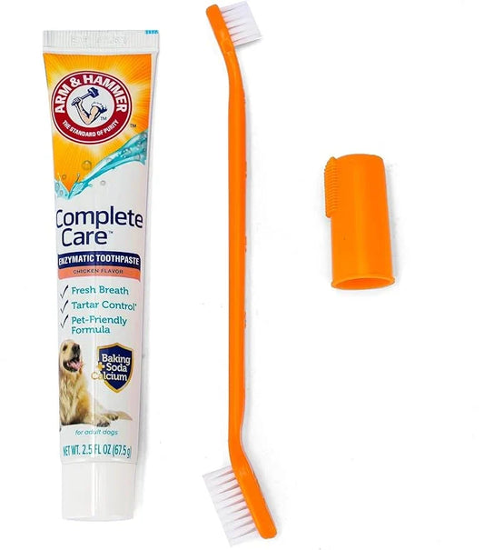Arm & Hammer Complete Care Dog Dental Kit with Enzymatic Dog Toothpaste, Toothbrush and Finger Brush, Baking Soda and Calcium Formula for Plaque Tartar Control, Chicken Flavor, 2.5 Oz