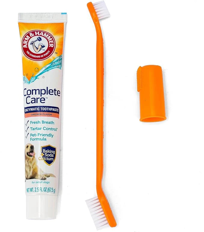 Arm & Hammer Complete Care Dog Dental Kit with Enzymatic Dog Toothpaste, Toothbrush and Finger Brush, Baking Soda and Calcium Formula for Plaque Tartar Control, Chicken Flavor, 2.5 Oz