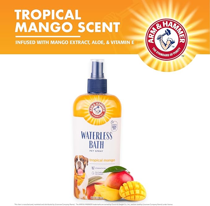 Arm & Hammer for Pets Waterless Bath Spray for Dogs Baking Soda, 8oz Mango Scent | Professional Quality Dog Grooming Spray, Free of Sodium Lauryl Sulfate & Parabens