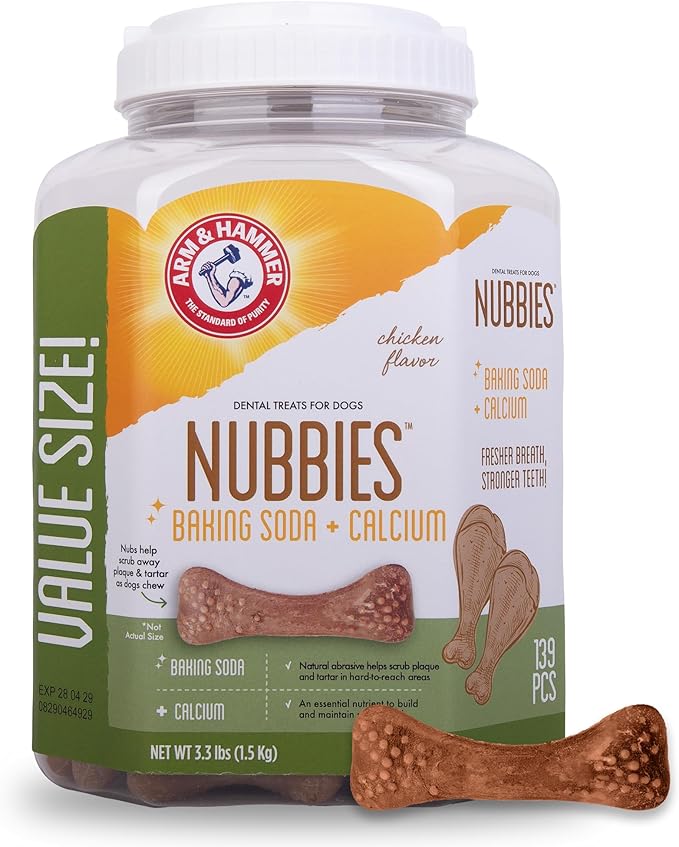 Arm & Hammer for Pets Nubbies Dental Treats Value Size - Baking Soda & Calcium Dog Dental Chews, Helps Scrub Plaque & Tartar While Chewing, Chicken Flavor, 139 Count, 52.8 Oz - 6 Pack