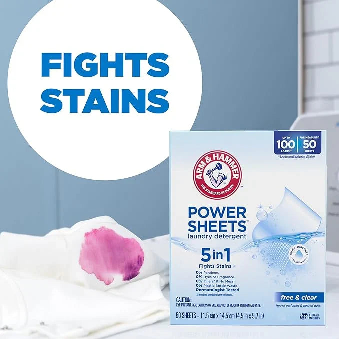 ARM & HAMMER 5in1 Power Sheets Laundry Detergent, Free & Clear, 50 Count, up to 100 Small Loads