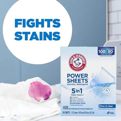 ARM & HAMMER 5in1 Power Sheets Laundry Detergent, Free & Clear, 50 Count, up to 100 Small Loads