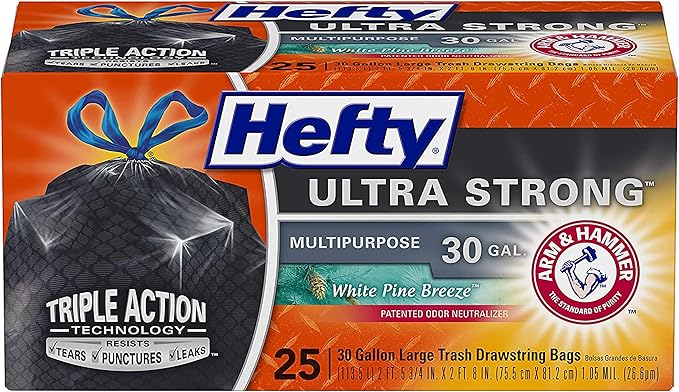 Hefty Ultra Strong Multipurpose Trash Bags, Black Large Flexible Bags with Drawstring, White Pine Breeze Scent, 30 Gallon Bags, 25 CT Bags Per Pack (Pack of 12)