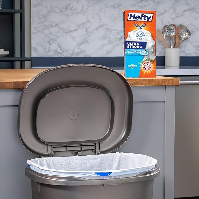 Hefty Ultra Strong 13 Gallon Trash Bags, Tall Kitchen Trash Bags 13 Gallon Size, Drawstring Closure, Continuous Odor Control, White, Clean Burst Scent, 40 Bags