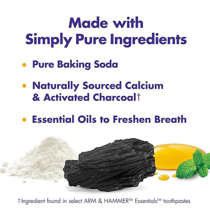 ARM & HAMMER Essentials Fluoride-Free Toothpaste,Whitening + Activated Charcoal Toothpaste of 4.3oz Tubes,Clean Mint,100% Natural Baking Soda,(Pack of 12)