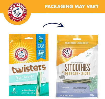 Arm & Hammer for Pets Smoothies Dental Treats for Dogs with Baking Soda and Calcium, Treat Chews Help Fight Bad Breath, Plaque & Tartar without Brushing, Mint Flavor, 8 Pcs (Packaging may vary)