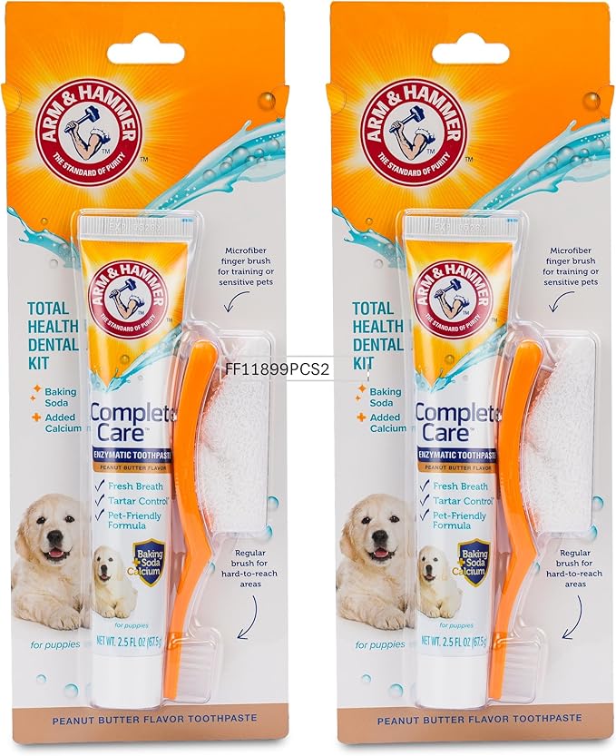 Arm & Hammer Complete Care Puppy Dental Kit, Chicken Flavor Enzymatic Dog Toothpaste, Toothbrush, & Microfiber Brush, Baking Soda + Calcium, Enhanced Formula, 2.5oz - 2 Pack
