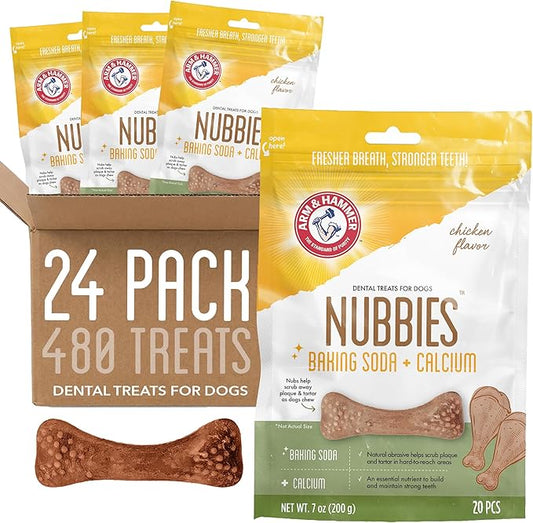 Arm & Hammer for Pets Nubbies Dental Treats for Dogs with Baking Soda & Calcium, Treat Chews Help Fight Bad Breath, Plaque & Tartar, Chicken Dog, Sm Size, 20 Pcs, 24pk (Packaging May Vary)