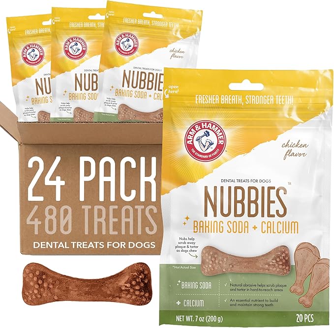 Arm & Hammer for Pets Nubbies Dental Treats for Dogs with Baking Soda & Calcium, Treat Chews Help Fight Bad Breath, Plaque & Tartar, Chicken Dog, Sm Size, 20 Pcs, 24pk (Packaging May Vary)