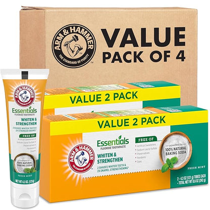ARM & HAMMER Essentials Whiten & Strengthen Fluoride Toothpaste-4 Pack of 4.3oz Tubes, Fresh Mint- 100% Natural Baking Soda- Fluoride Toothpaste