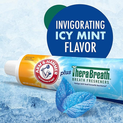 ARM & Hammer Toothpaste Plus TheraBreath Breath Fresheners, ICY Mint Flavor, Teeth Whitening Toothpaste, Anticavity Fluoride for Bad Breath, 5.5 Oz (Pack of 2)